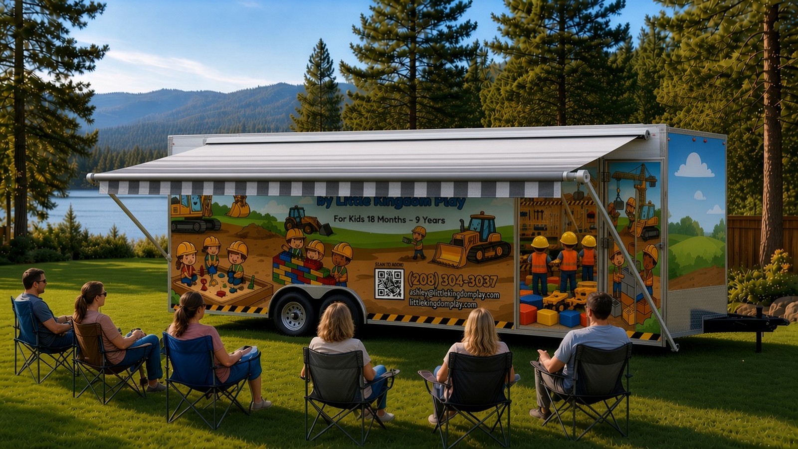 The Little Builders trailer with its grey-and-white striped RV-style roll-out awning extended on the passenger side and parents seated in camp chairs in the shade