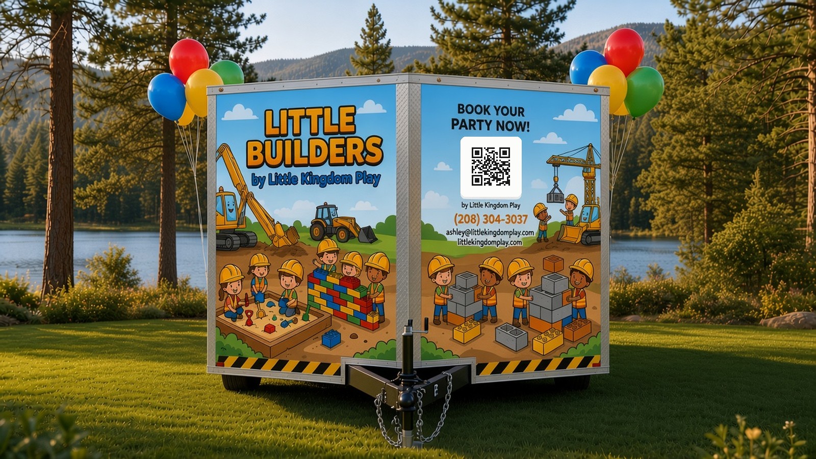 Design concept of the Little Builders 8.5x20 trailer V-nose front, reading Little Builders by Little Kingdom Play and Book Your Party Now with a QR code, (208) 304-3037 and littlekingdomplay.com