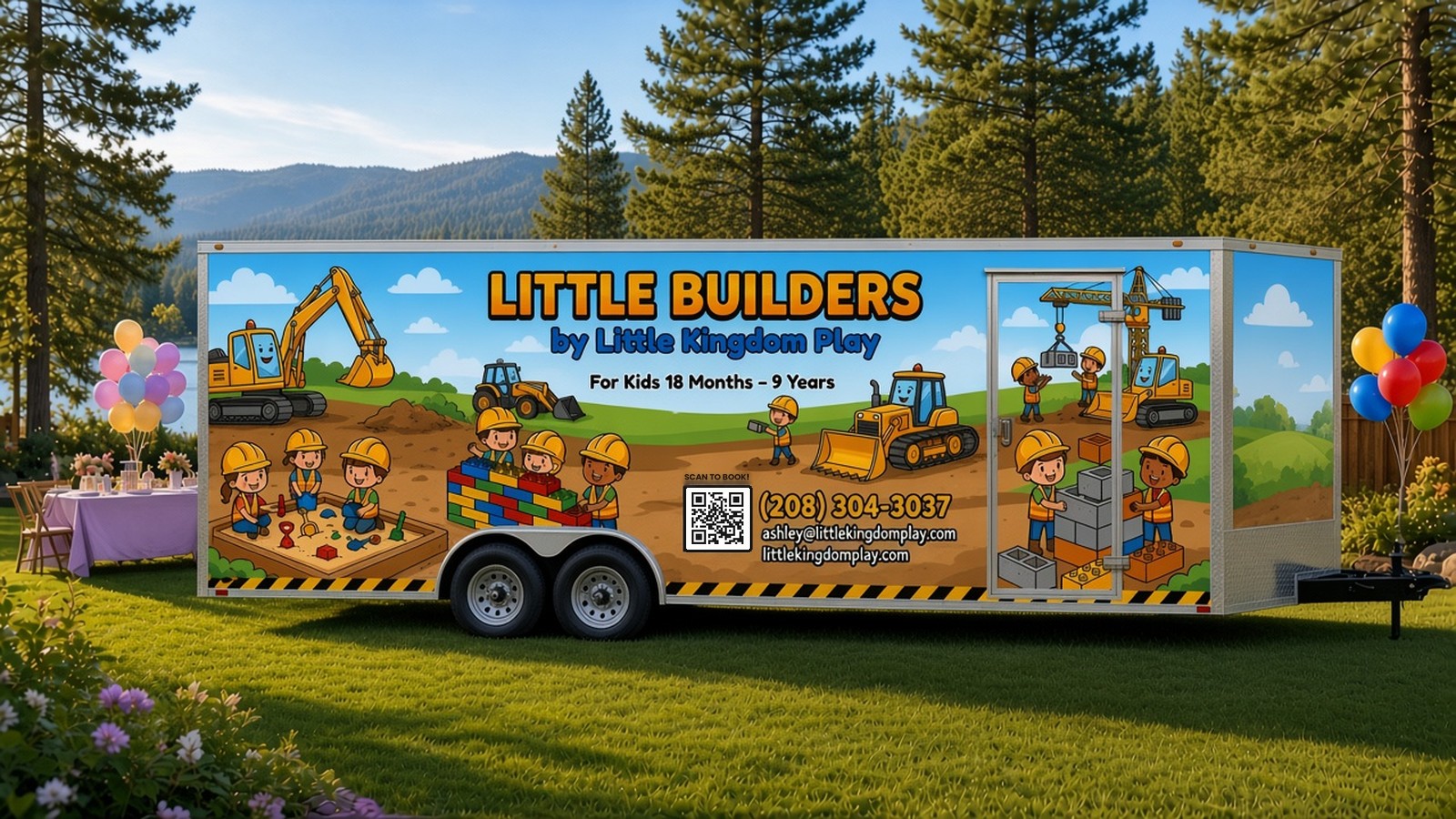 Design concept of the Little Builders 8.5x20 V-nose trailer, door side: construction scene with an entry door, reading Little Builders by Little Kingdom Play, For Kids 18 Months to 9 Years, with a QR code, (208) 304-3037, ashley@littlekingdomplay.com and littlekingdomplay.com