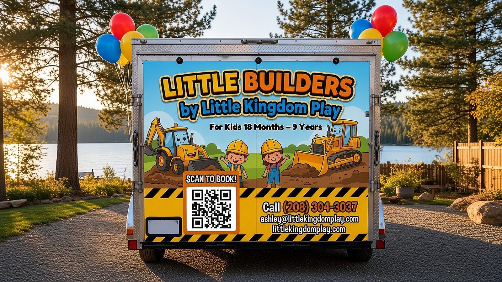 Design concept of the Little Builders rear doors with a Scan to Book QR code, Call (208) 304-3037, ashley@littlekingdomplay.com and littlekingdomplay.com