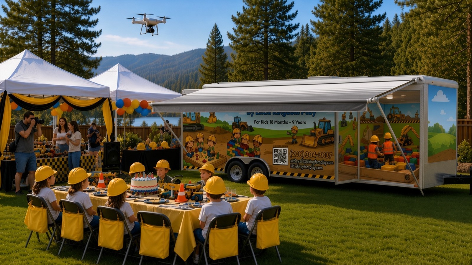 Little Builders VIP Package setup: draped themed canopies, decorated tables with tablecloths, goodie bags, a photographer and a drone