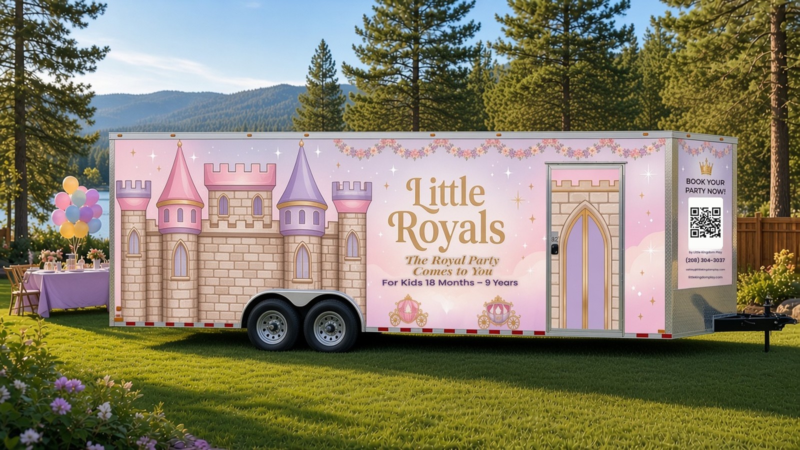 Design concept of the Little Royals 8.5x20 V-nose trailer, door side: castle towers, a castle-arch entry door, Little Royals, The Royal Party Comes to You, For Kids 18 Months to 9 Years, and a Book Your Party Now panel with a QR code